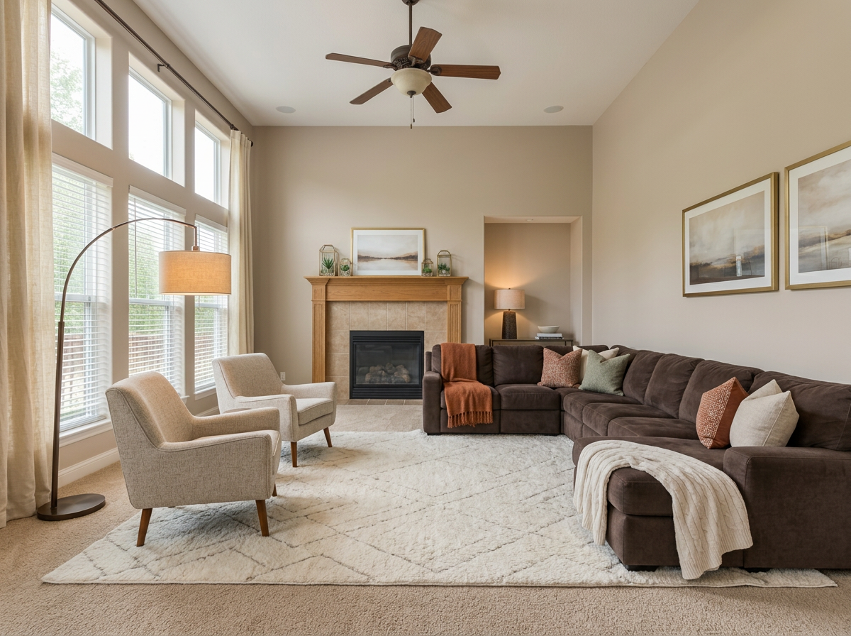 The same living room after new paint, layout, rug and drapery