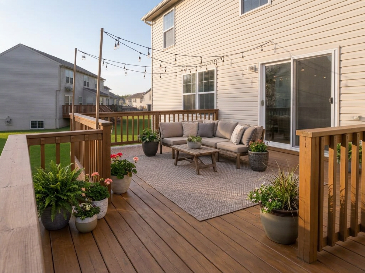 The same deck after staining, lounge seating, planters and string lights